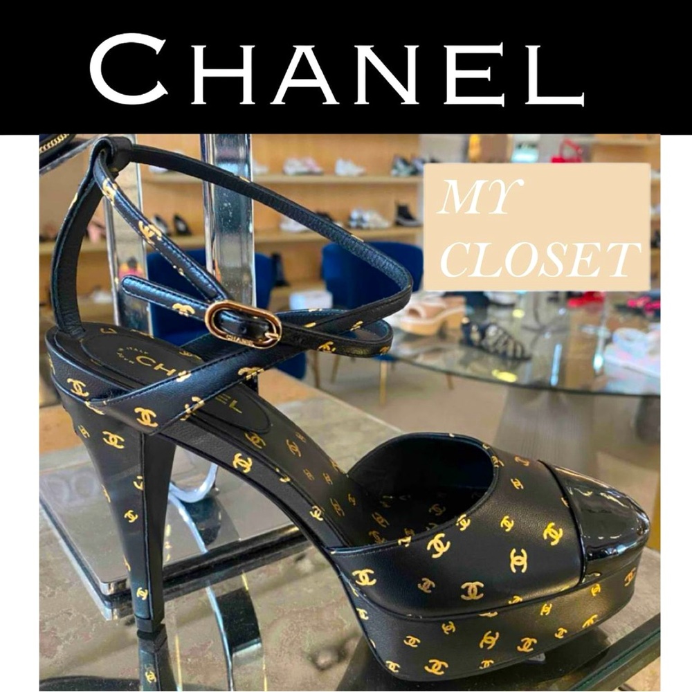 CHANEL Black and Gold Logo Platform Ankle-Strap Heels